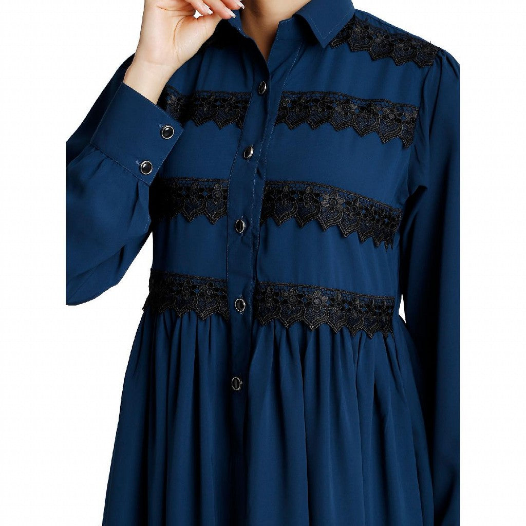 Casual collared abaya with lacework- Teal