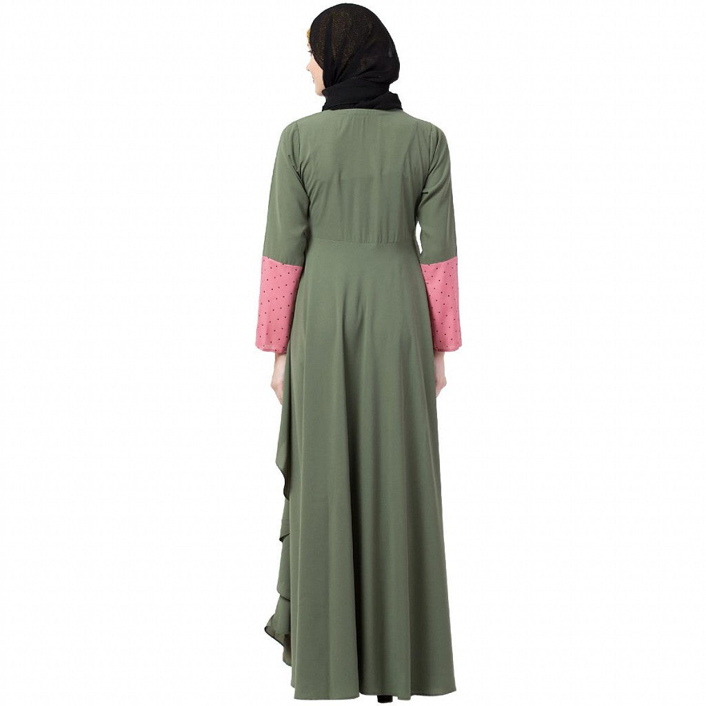 Polka dotted asymmetrical dress abaya- Jade Green-Pink