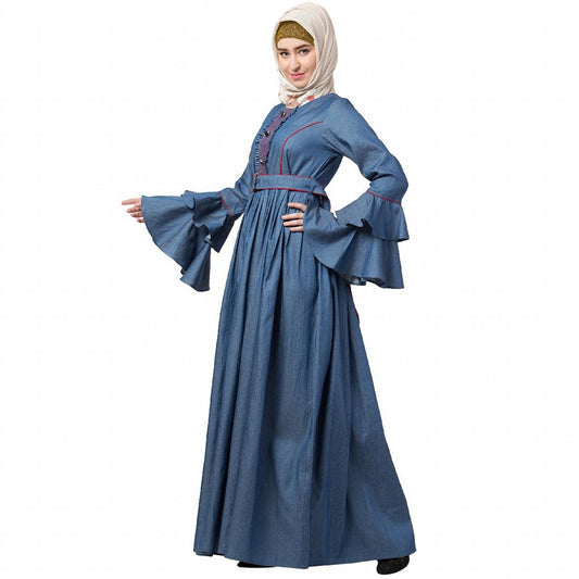 Designer Denim abaya with bell sleeves