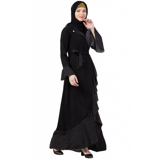 Designer black polka dotted frilled abaya