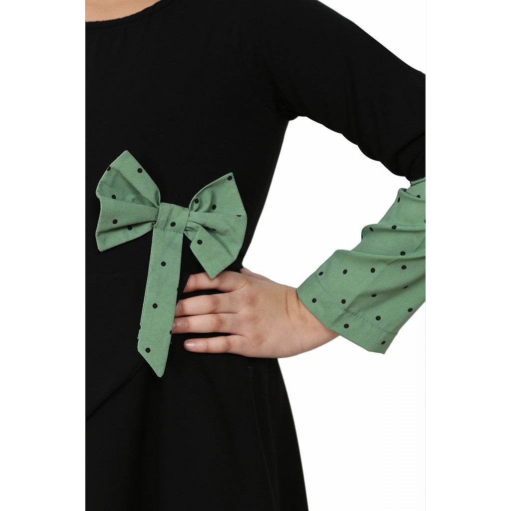 Polka dotted asymmetrical dress for kids- Green-Black