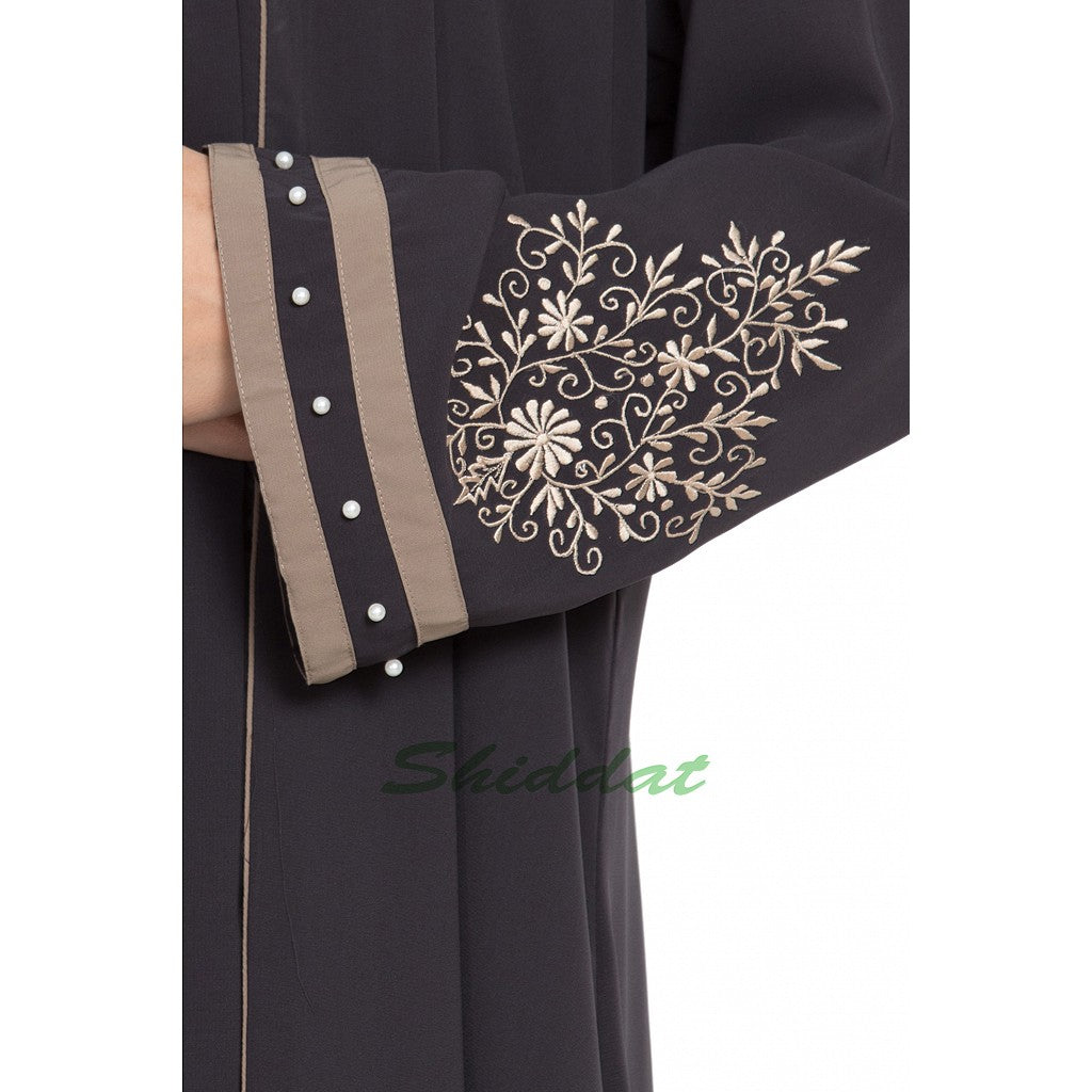 Front open abaya with embroidery- Charcoal grey