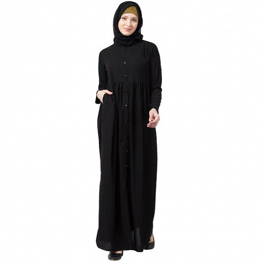 Front open abaya with pintucks- Black