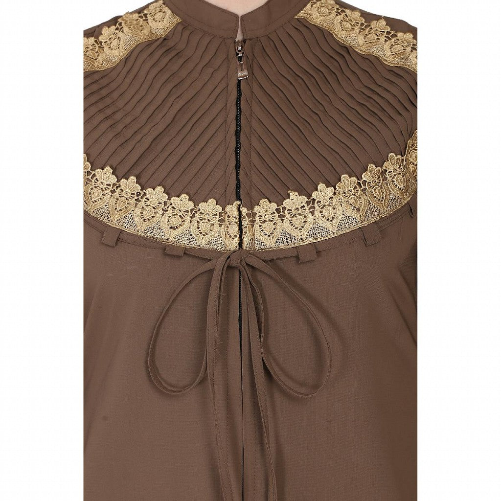 Zipper Front open pleated abaya with lace work- Beige