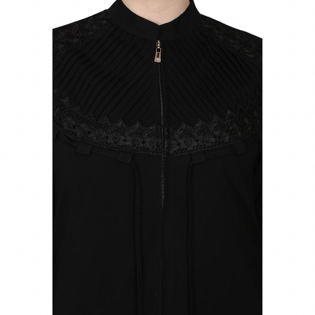 Zipper Front open pleated abaya with lace work- Black