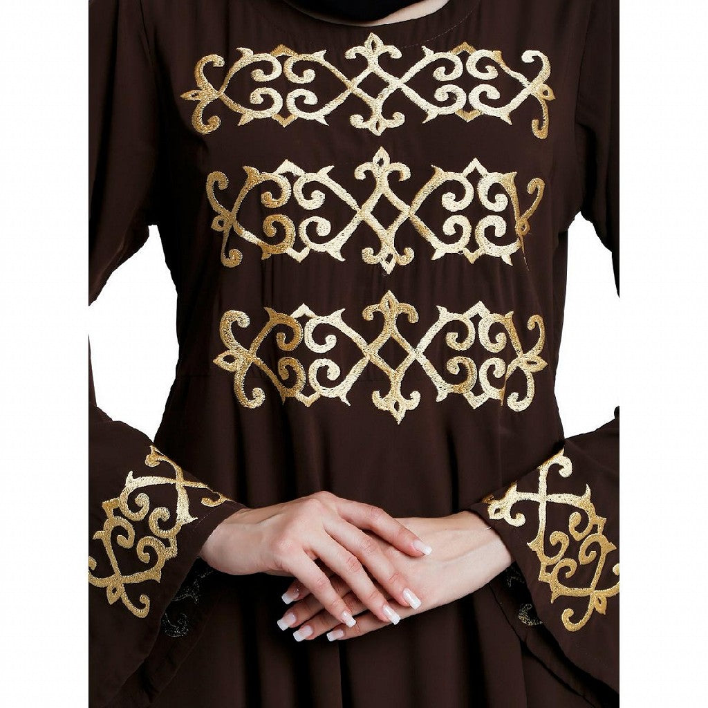 Umbrella abaya with golden embroidery work - Coffee Brown