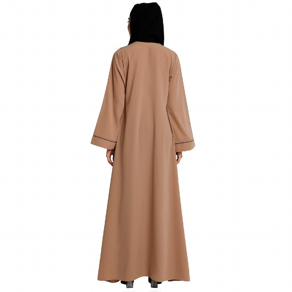 Front open abaya with piping work- Khaki