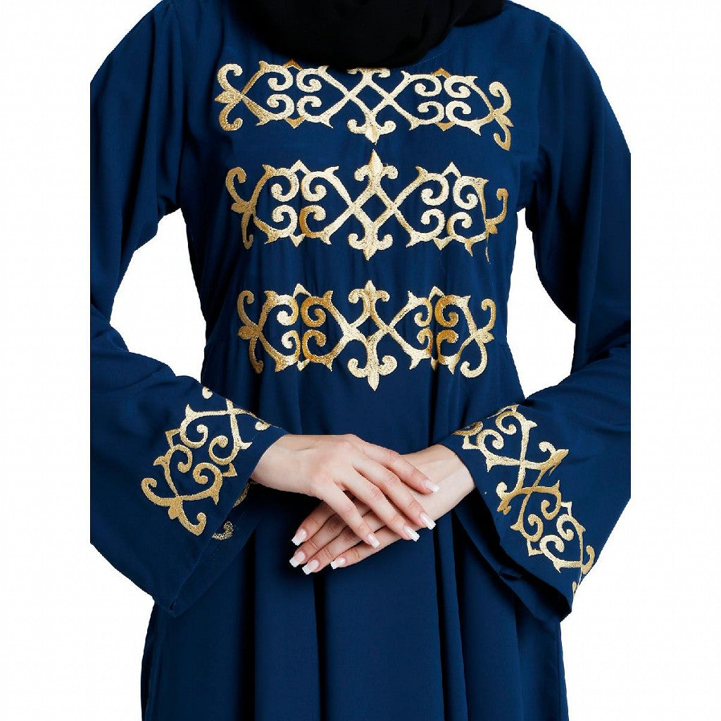 Umbrella abaya with golden embroidery work - Teal