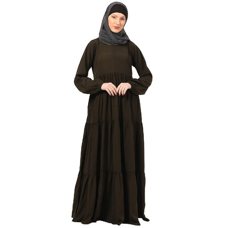 3 frilled design abaya-Olive Green