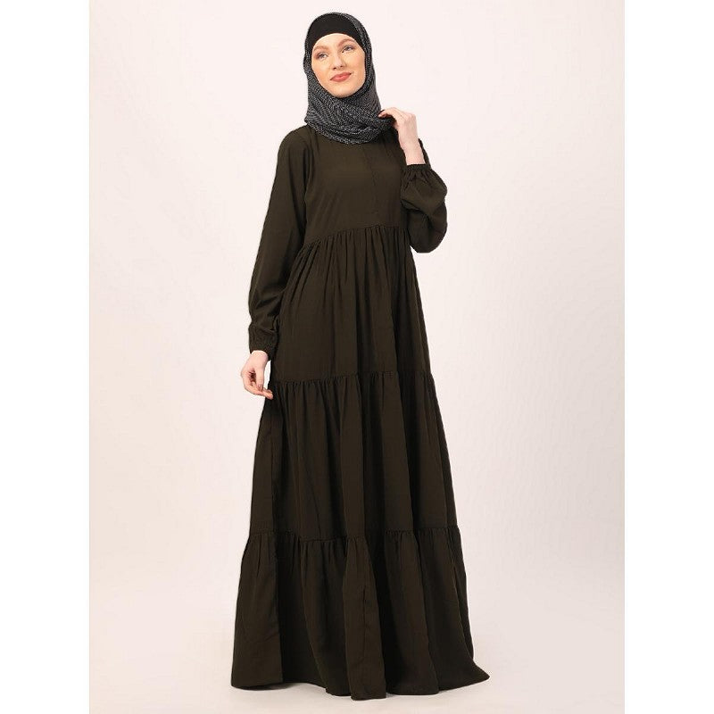 3 frilled design abaya-Olive Green