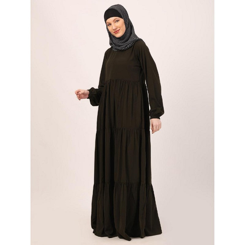 3 frilled design abaya-Olive Green