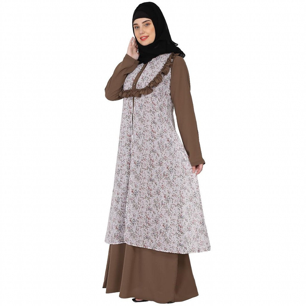 Designer Printed Shrug with Beige Inner abaya