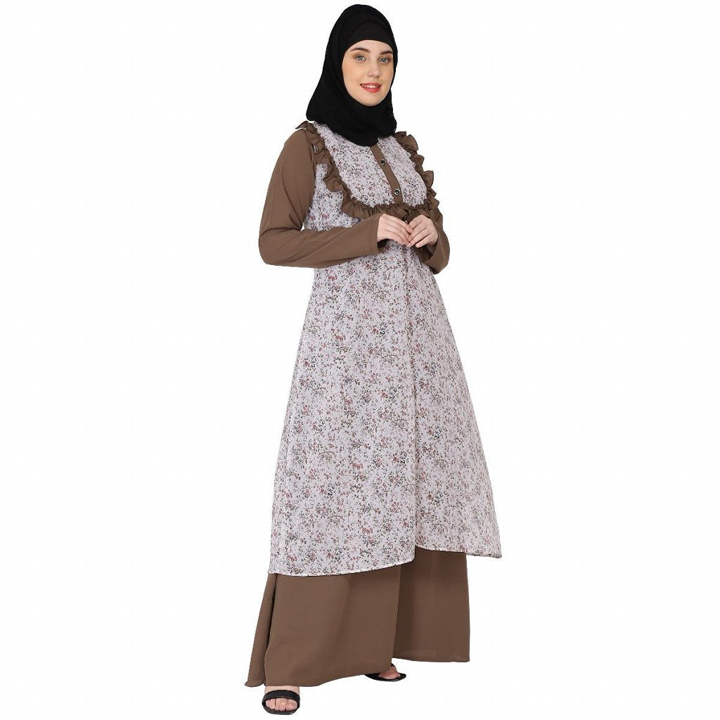 Designer Printed Shrug with Beige Inner abaya