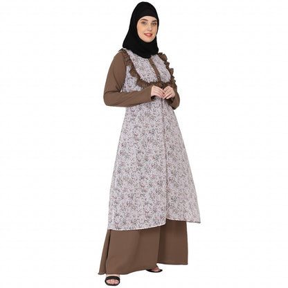 Designer Printed Shrug with Beige Inner abaya