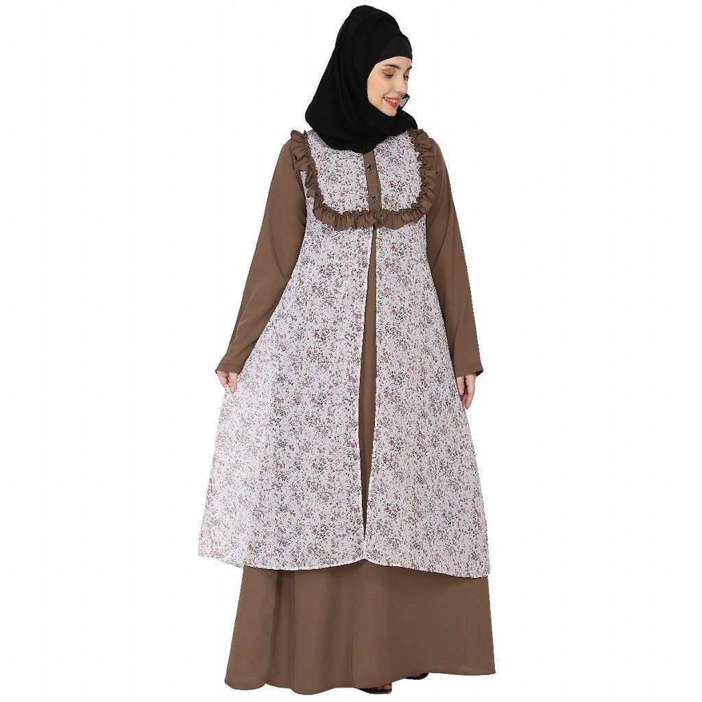 Designer Printed Shrug with Beige Inner abaya
