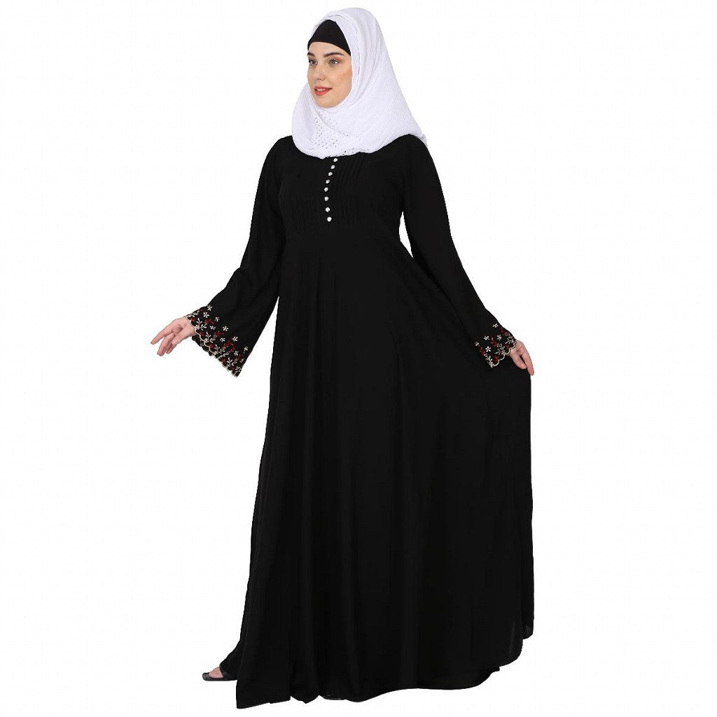 Fashionable Umbrella abaya with embroidery work - Black