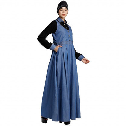 Classic Denim maxi dress with shirt collar- Black-Blue