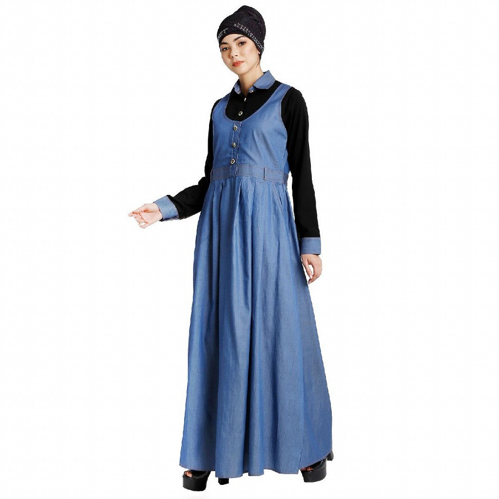 Classic Denim maxi dress with shirt collar- Black-Blue
