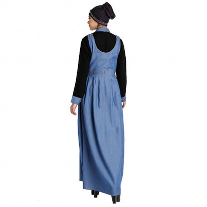 Classic Denim maxi dress with shirt collar- Black-Blue