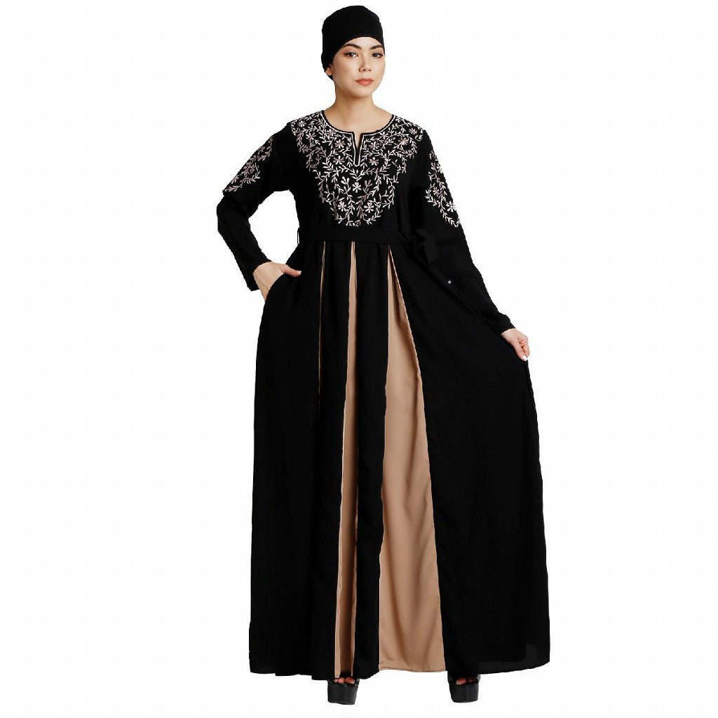 Umbrella abaya with embroidery work - Black-Khaki