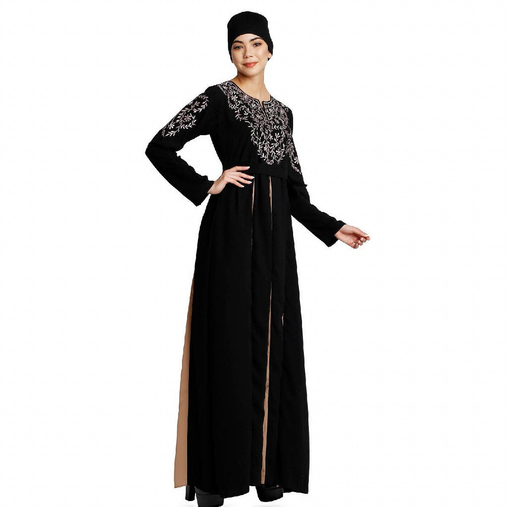 Umbrella abaya with embroidery work - Black-Khaki