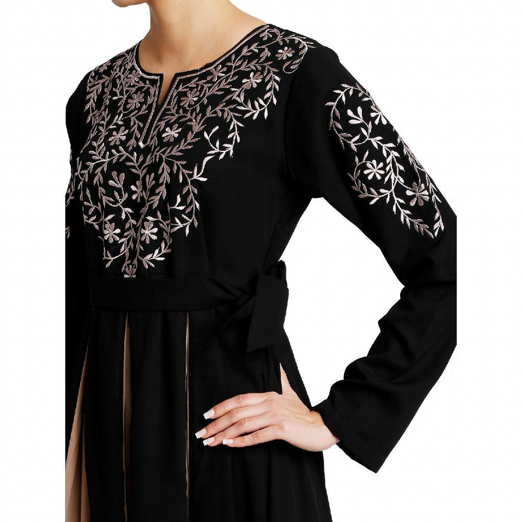 Umbrella abaya with embroidery work - Black-Khaki