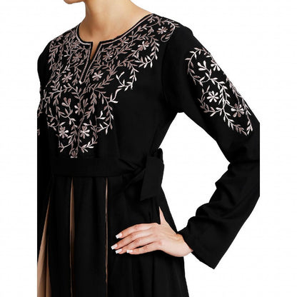 Umbrella abaya with embroidery work - Black-Khaki