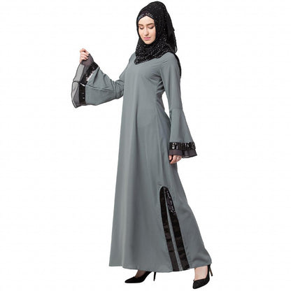 A-line abaya with Black sequins work- Grey