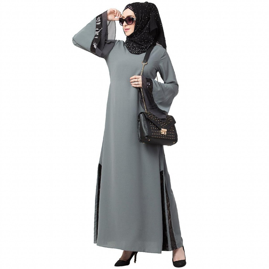 A-line abaya with Black sequins work- Grey
