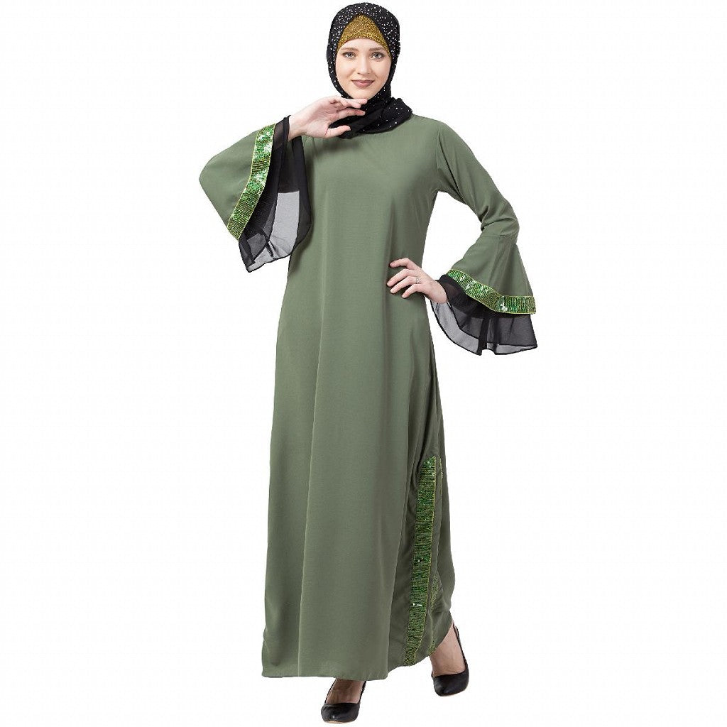 A-line abaya with Black sequins work- Jade Green