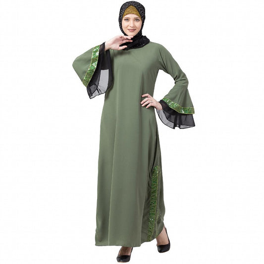 A-line abaya with Black sequins work- Jade Green