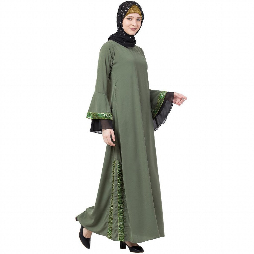 A-line abaya with Black sequins work- Jade Green