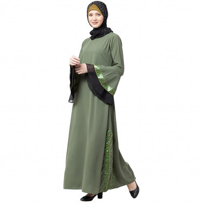 A-line abaya with Black sequins work- Jade Green