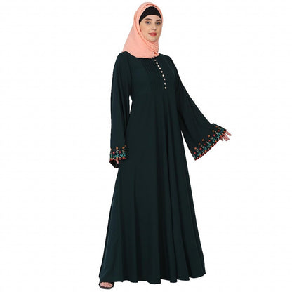 Fashionable Umbrella abaya with embroidery work -Bottle Green