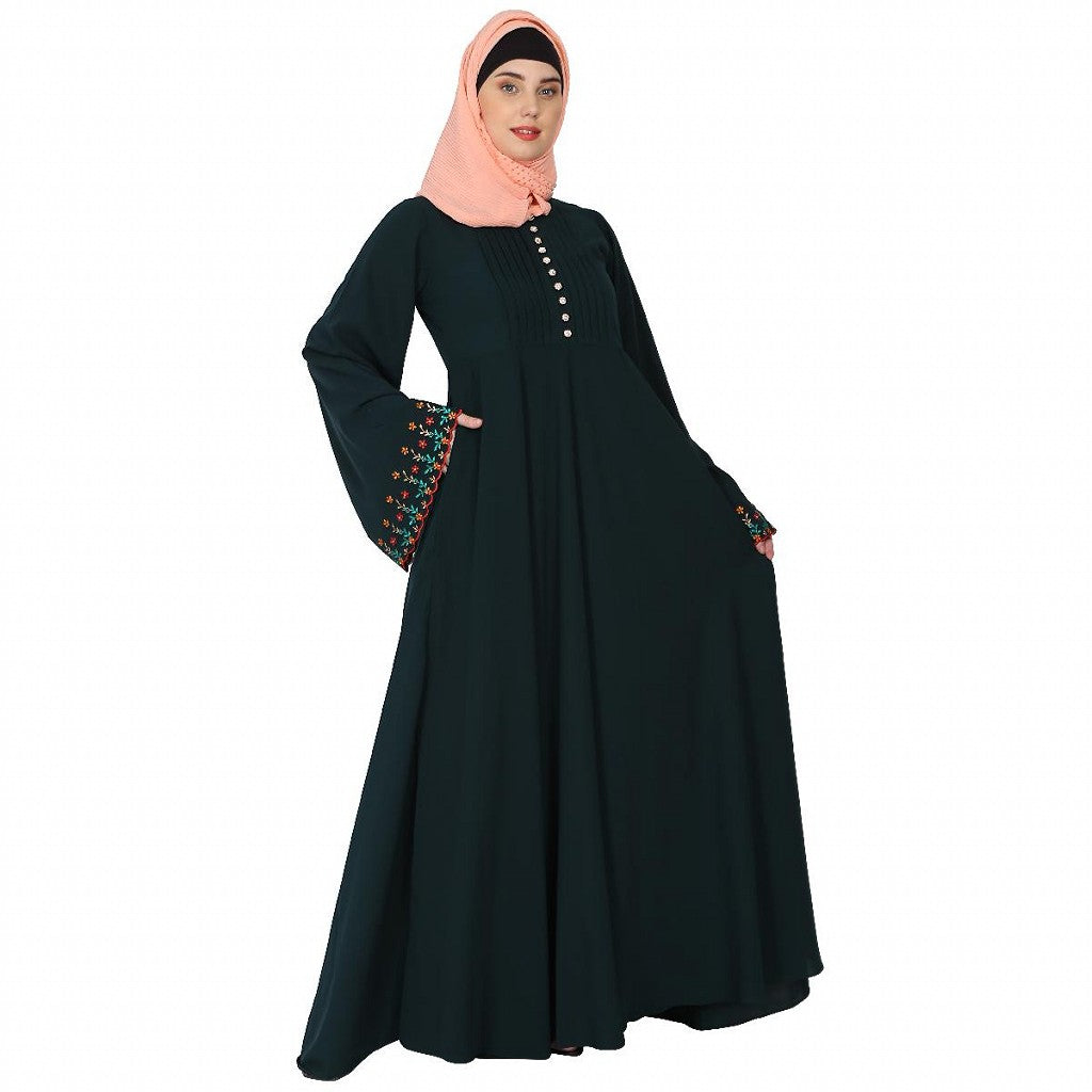 Fashionable Umbrella abaya with embroidery work -Bottle Green