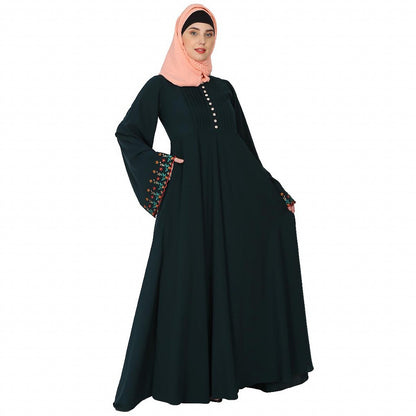 Fashionable Umbrella abaya with embroidery work -Bottle Green