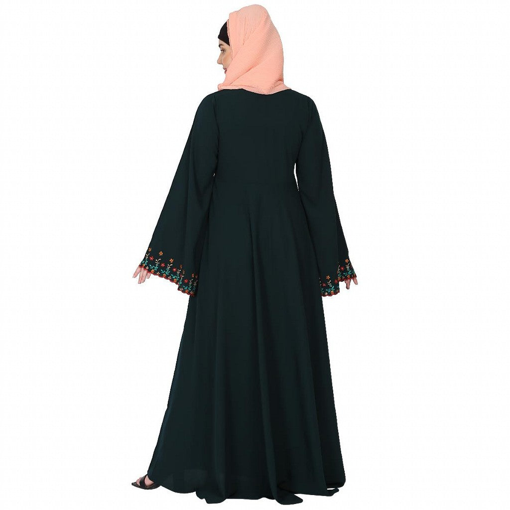 Fashionable Umbrella abaya with embroidery work -Bottle Green