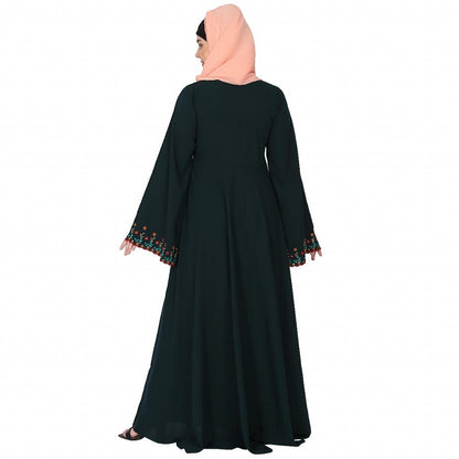 Fashionable Umbrella abaya with embroidery work -Bottle Green
