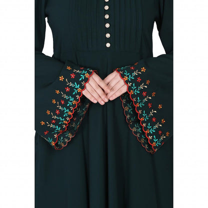 Fashionable Umbrella abaya with embroidery work -Bottle Green