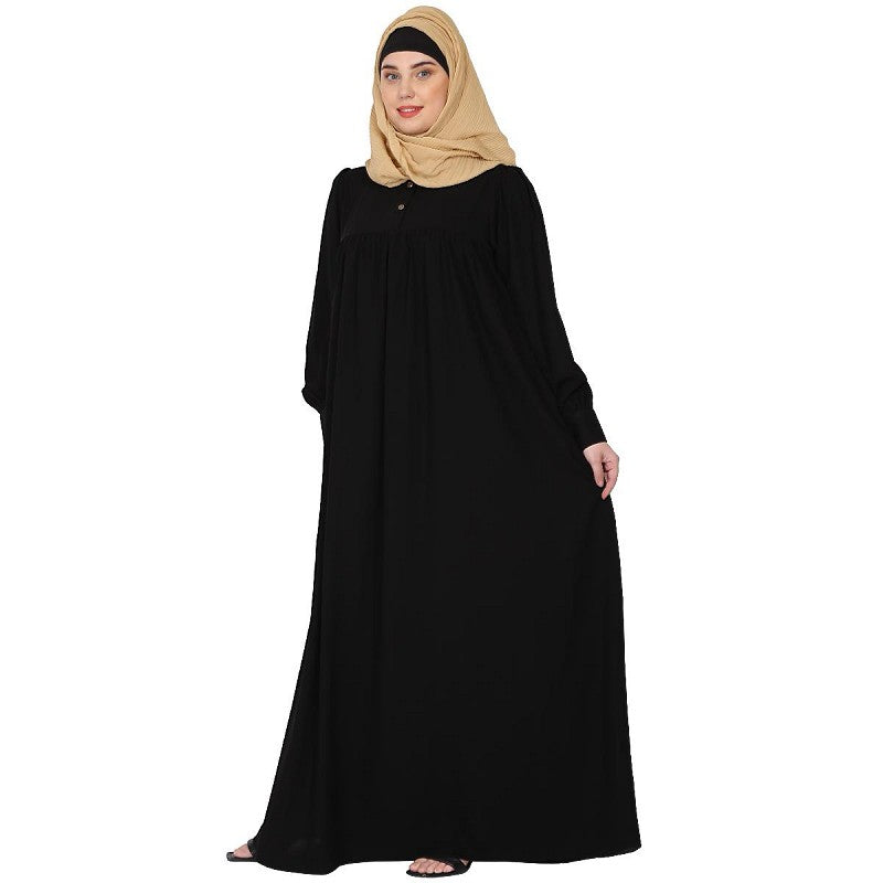 Casual cuff sleeves pleated abaya- Black