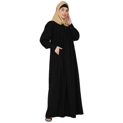 Casual cuff sleeves pleated abaya- Black