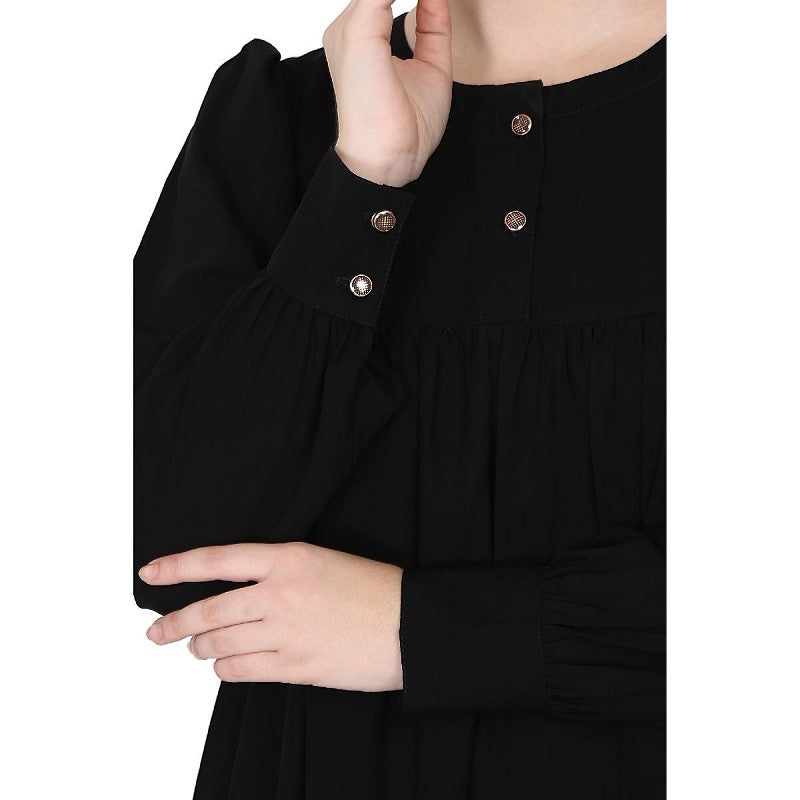 Casual cuff sleeves pleated abaya- Black