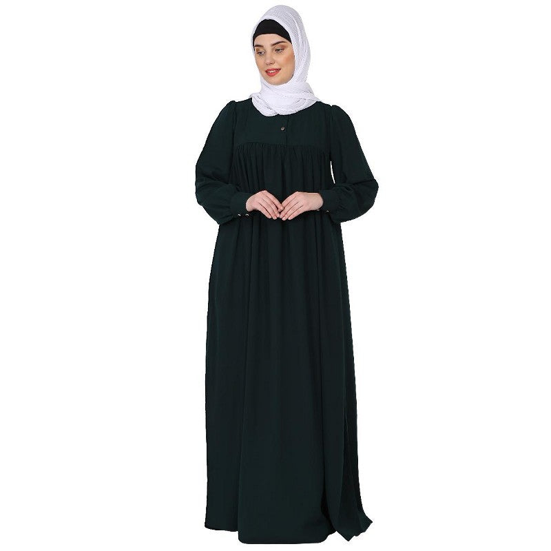 Casual cuff sleeves pleated abaya- Bottle Green