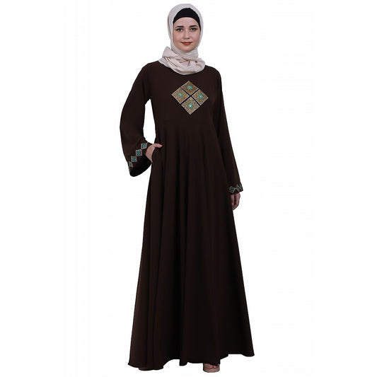 Emirates Umbrella abaya with embroidery work- Coffee Brown