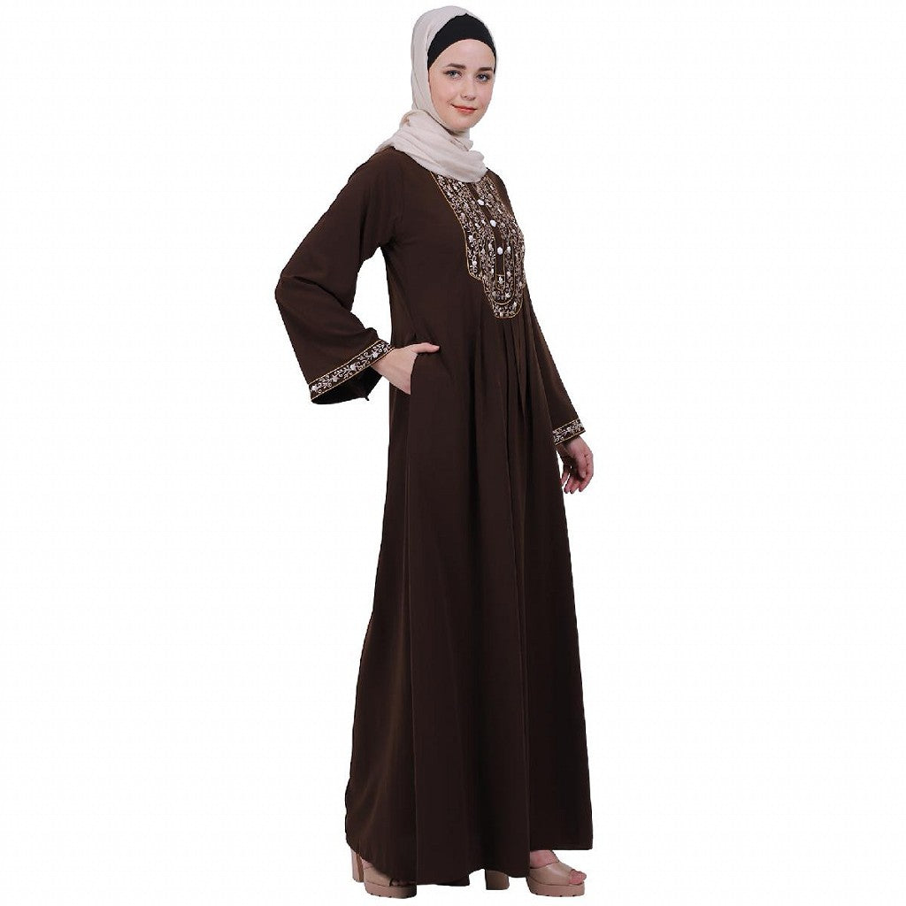 Firdaws Pintuck embroidery abaya- Coffee Brown