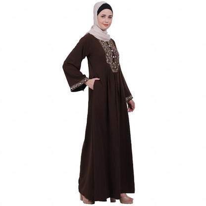 Firdaws Pintuck embroidery abaya- Coffee Brown