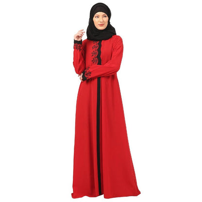 Elegant embroidery work abaya-Red