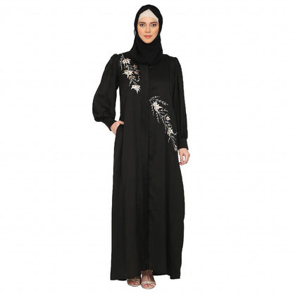 Front Open cuff sleeves Embroidery Abaya - Black