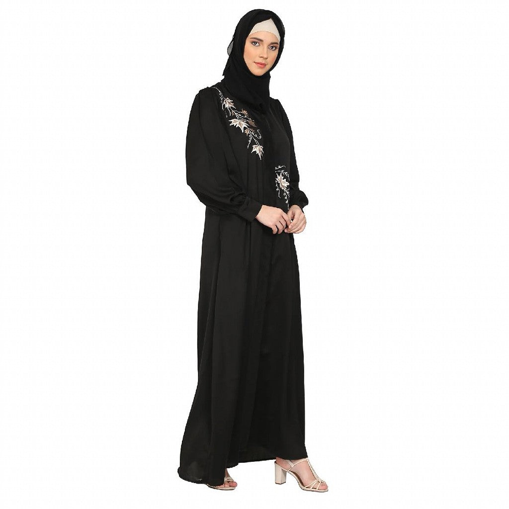 Front Open cuff sleeves Embroidery Abaya - Black