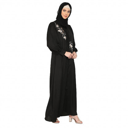 Front Open cuff sleeves Embroidery Abaya - Black